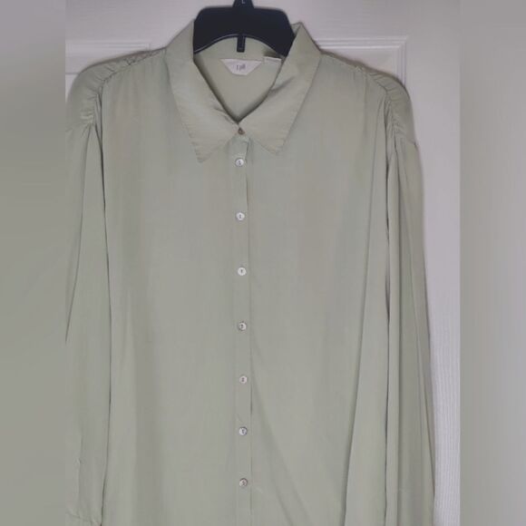 J.Jill L TeeGreen 100%SILK LngSlv Ruffles Shoulder Buttons Up Women Shirt Blouse - Picture 4 of 6